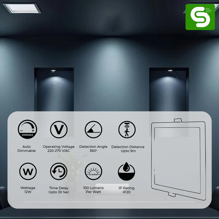 Motion Sensor Square Panel Light 12W Dimmable Concealed - Image 2